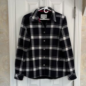 Orvis Black, Gray and White Plaid Shirt/Lightweight Jacket with Snap Closure.
